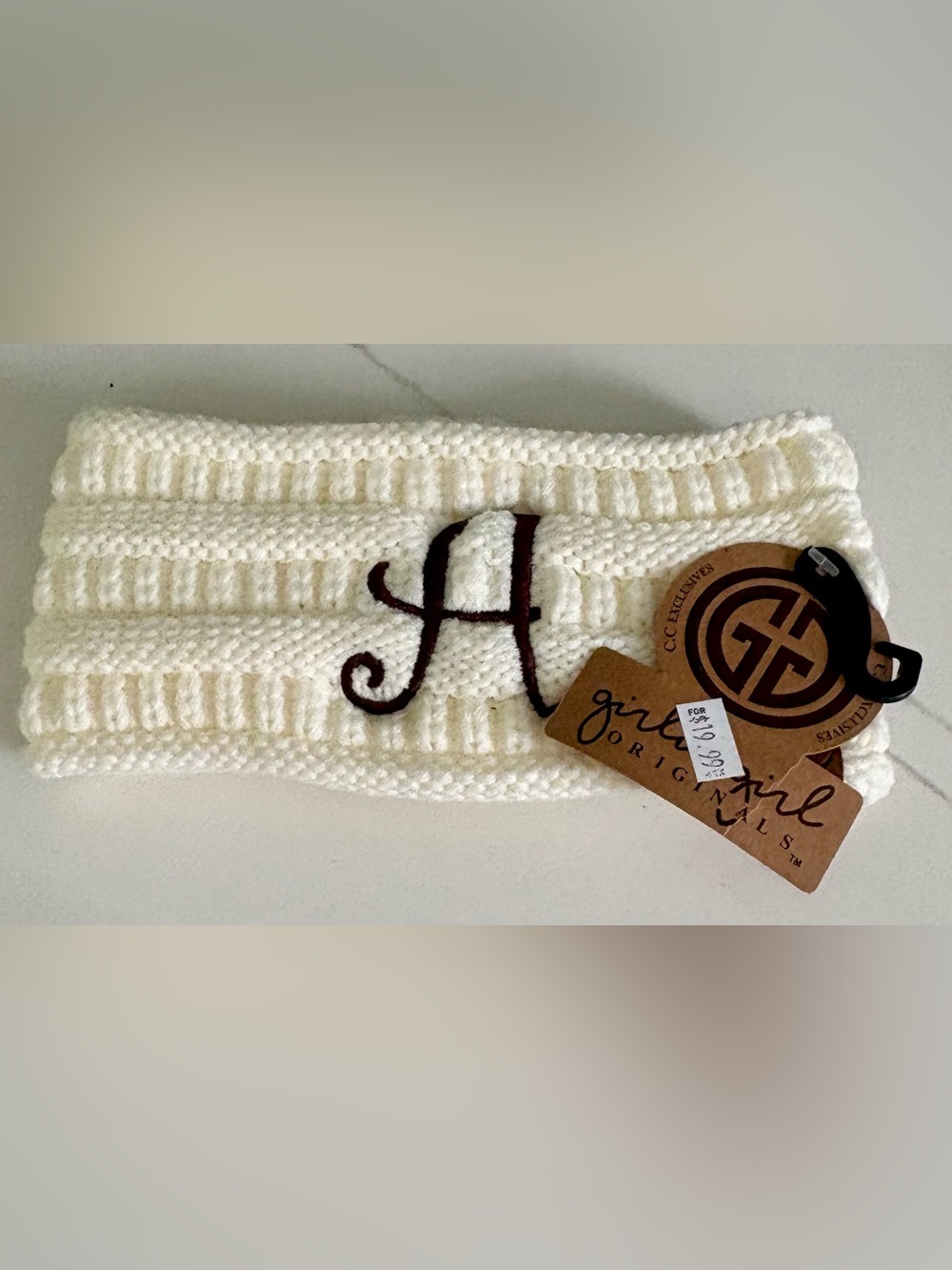 NWT C.C Girlie Girl Originals Monogrammed "A" Knit Headband Ear Warmer  Ivory
